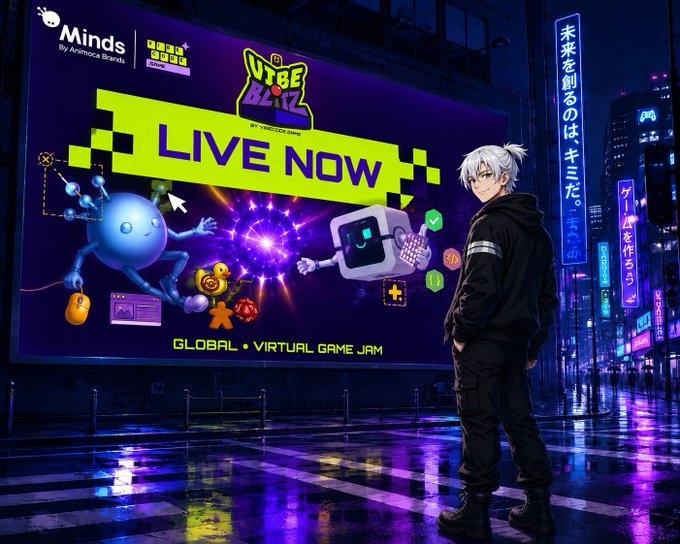 An anime-style character with white hair stands in a neon-lit cyberpunk street, gazing at a large digital billboard advertising 'VTRE BLAZ LIVE NOW - GLOBAL VIRTUAL GAME JAM' by Minds.