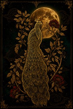 A gold illustration of a peacock perched on a branch with a full moon in the background, decorated with red flowers.