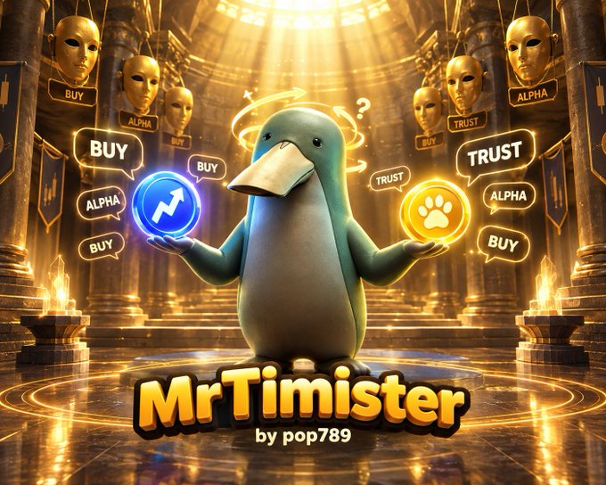 A 3D-rendered mascot character called "MrTiminister by pop789" holding glowing coins labeled "BUY," "TRUST," and "ALPHA," surrounded by golden mask statues in a temple-like setting.