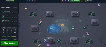 A screenshot of a web-based game interface with a 'Play game' button, daily tasks sidebar, and an overhead view of a map with treasure chests and the word 'SPECCHAIN'.