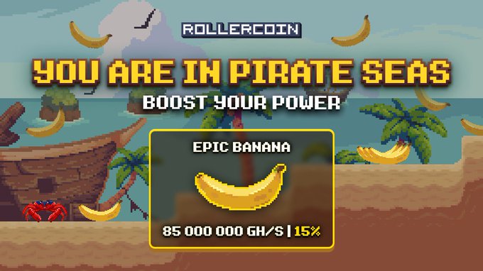 The image shows a promotional graphic for RollerCoin's "Pirate Seas" competition, featuring pixel art of a tropical beach scene with a shipwreck and scattered bananas, highlighting an "Epic Banana" miner with 85,000,000 GH/s power and a 15% boost. The graphic visually ties into the post's message about unlocking this Epic Banana miner through a Gleam competition to boost mining power.