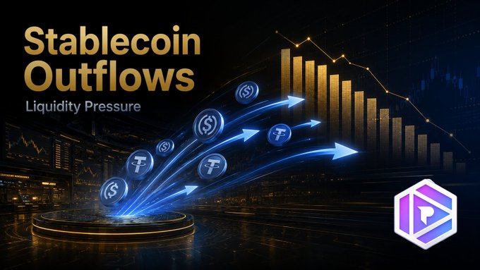 A stylized graphic titled "Stablecoin Outflows: Liquidity Pressure" depicting USDC and USDT coin icons streaming out with arrows toward a declining bar chart, with a purple "P" logo in the corner.