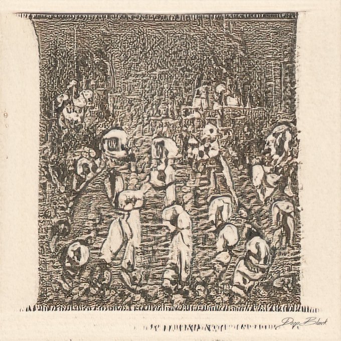 The image shows a signed artwork by Roger Blench titled "THE CURRENT FLOOR," depicting a densely patterned, tapestry-like scene with abstract human figures and textured backgrounds. The accompanying post humorously notes that this piece (#5942) is a "very particular piece of tapestry," playing on the chaotic, woven appearance of the figures and intricate linework.