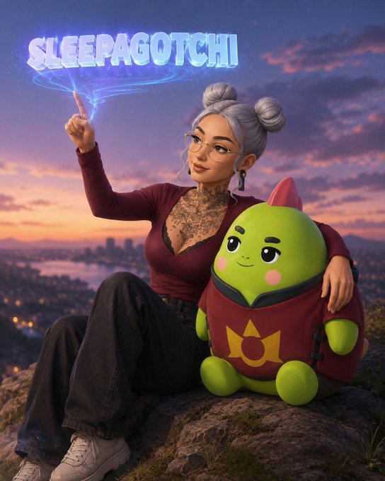 Digital artwork titled "SLEEPAGOTCHI" shows an anime-style woman with silver hair sitting beside a green Tamagotchi-like character on a hill at sunset.