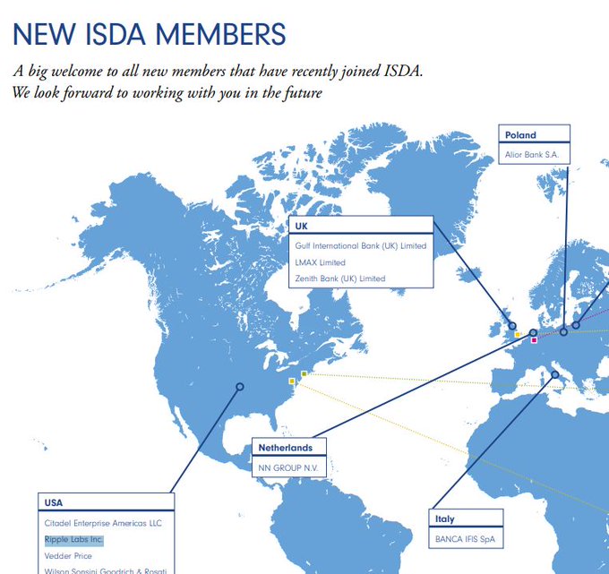 A presentation slide titled 'NEW ISDA MEMBERS' displaying a world map with callout boxes highlighting new banking members from Poland, the UK, Netherlands, USA, and Italy.