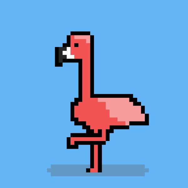 Pixel art of a pink flamingo standing on one leg against a solid light blue background.