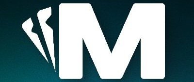A stylized white logo featuring a large 'M' with trailing curved lines on the left side, set against a dark teal background.