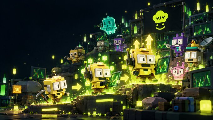 A lineup of yellow, boxy robot "vibe vibers" stand on glowing green platforms amid digital charts and floating data, with one character promoting "Viv" in the background, visually echoing the post's description of NFTs that gain XP and level up through active engagement rather than remaining static collectibles.
