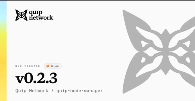 A release announcement graphic for Quip Network's quip-node-manager v0.2.3, featuring the Quip butterfly logo on the left and a faded version on the right, with a GitLab badge noting the new release. The image visually introduces the post's highlights about significant performance improvements including 5x CPU annealing, CUDA utilization jumping from 55% to 94%, and a 43% Metal boost on the M4 Max.