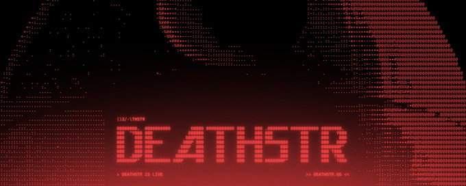 The image features an advertisement for Deathstr, featuring a graphic design of a skull and crossbones against a black background. The phrase "Deathstr" is displayed at the top with red neon lettering that says " 144 NFTs sold for 187.8 ETH in DEATHSTR buy back and burns ... 50+ eth in arb opportunities for DEATHSTR holders Is it complicated?". This image is related to the post because it displays the image of Deathstr on a website or social media platform, suggesting its relevance to the discussion about the NFT strategy token system.