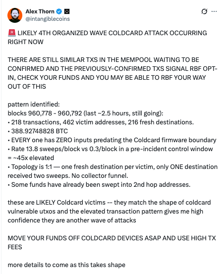 A tweet from Galaxy's Alex Thorn (@intangiblecoins) warns of a likely 4th organized wave of COLDCARD wallet attacks, noting that 218 transactions sweeping ~389 BTC (blocks 960,778–960,792) have one fresh destination per victim with no collector funnel, and advises users to immediately move funds off Coldcard devices using high transaction fees. The image directly supports the accompanying post, which summarizes these same key details—the attack identification, transaction count, BTC amount, and urgent recommendation to relocate funds.