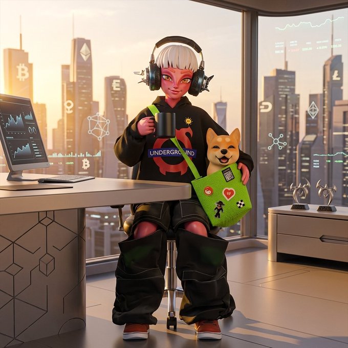 A long-haired character with large headphones, wearing an "UNDERGROUND" hoodie, holds a coffee mug and a green laptop adorned with crypto stickers while sitting beside a Shiba Inu dog in a modern high-rise office overlooking a city skyline with cryptocurrency symbols like Bitcoin and Ethereum floating in the air. The scene reflects the post's message about navigating fragmented liquidity markets, with the relaxed yet alert posture of the character and dog symbolizing the patience of smart money waiting in deep liquidity zones while mid-range traders fight it out.