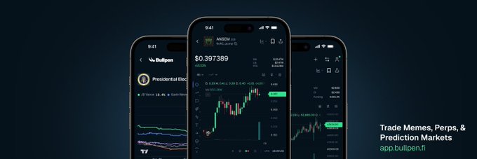 A promotional image for Bullpen showing three smartphones displaying trading charts, with the text 'Trade Memes, Perps, & Prediction Markets' and the website 'app.bullpen.fi' on a dark background.