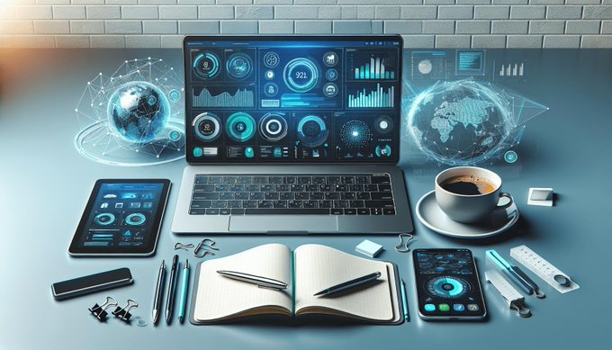 A desk arrangement with a laptop and tablet displaying analytics dashboards and globes, surrounded by a coffee cup, an open notebook, pens, and a smartphone.