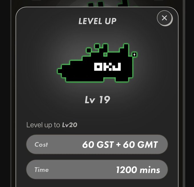 A 'LEVEL UP' pop-up screen for a green pixel-art character (OKY) at Lv 19, showing the cost to level up to Lv 20 is 60 GST + 60 GMT and takes 1200 minutes.