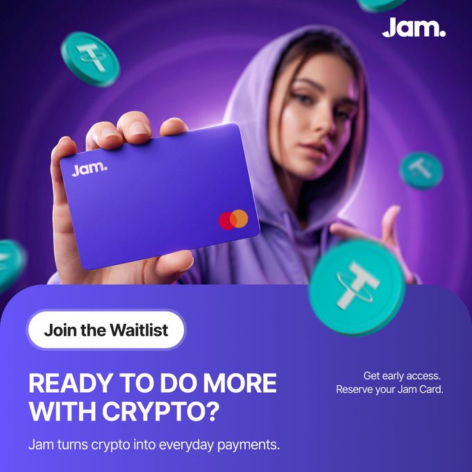 An advertisement for 'Jam.' featuring a woman in a purple hoodie holding a purple card, with text 'READY TO DO MORE WITH CRYPTO?' and 'Join the Waitlist'.