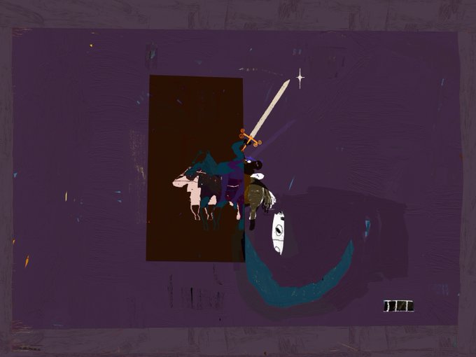 An abstract digital painting features a knight on horseback wielding a glowing sword against a dark purple background with brushstroke textures.