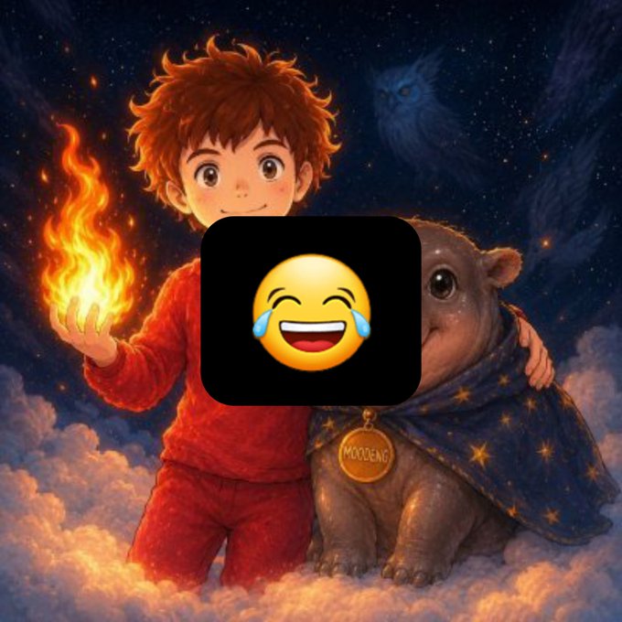 An anime-style illustration of a red-haired child holding a flame alongside a creature wearing a "MOONDENG" tag, with a large laughing-crying emoji covering the center of the image.