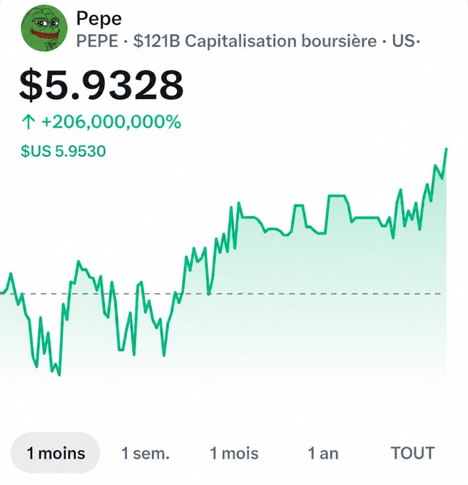 A financial chart showing Pepe (PEPE) cryptocurrency at $5.9328, with a market cap of $121B and a gain of +206,000,000%, displayed over a 1-month timeframe.