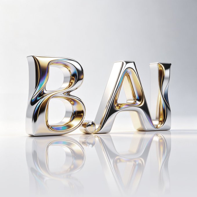A 3D render of large, glossy silver and gold metallic letters spelling 'BAI' (with the last letter partially visible) on a reflective white surface.