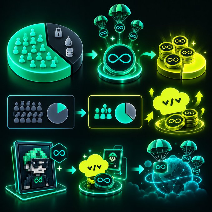 A neon-styled 3D infographic on a black background featuring green and yellow graphics, including pie charts, user icons, coins, parachutes with infinity symbols, pixel art characters, and arrows showing flow between concepts.