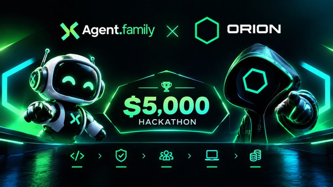 A promotional banner for an 'Agent.family x ORION' $5,000 Hackathon, featuring a green robot mascot and a hooded figure with icons for coding, security, teamwork, devices, and finance.