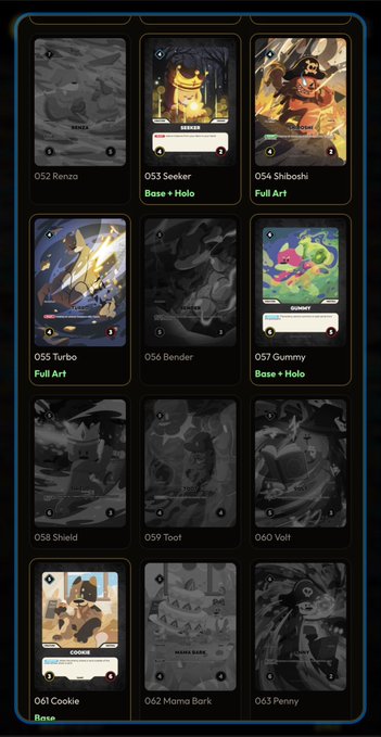 A dark-themed digital trading card collection interface displays a grid of 12 cards, showing various animal-themed cards like '053 Seeker' and '054 Shiboshi', with several cards marked as 'Base + Holo' or 'Full Art'.
