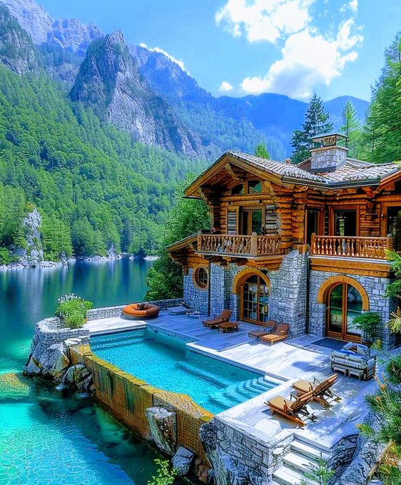 A luxurious wooden chalet-style home with stone accents sits beside a turquoise infinity pool overlooking a serene alpine lake surrounded by forested mountains.