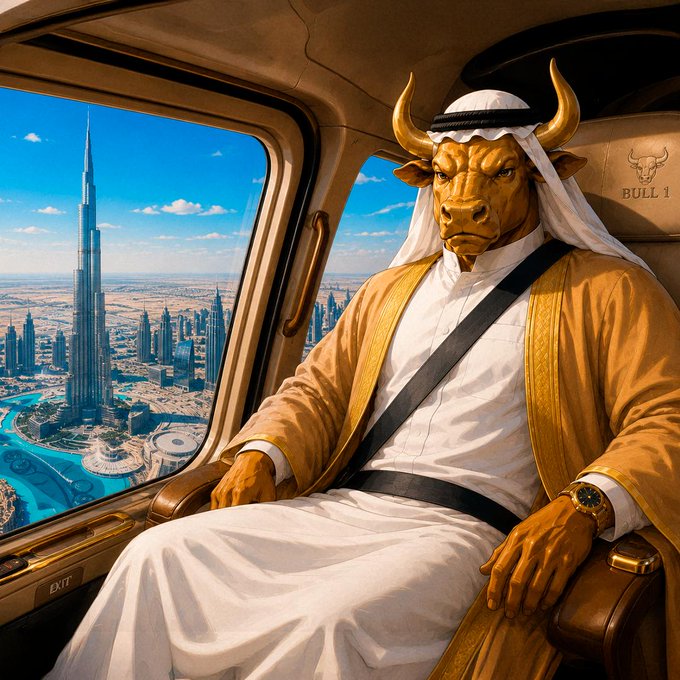 A golden bull, dressed in traditional Arabic attire and with the text "BULL 1" visible, is depicted in a luxurious setting overlooking the Dubai skyline, hinting at the $15 giveaway mentioned in the accompanying post.