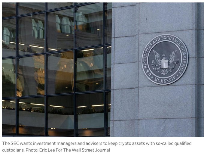The exterior of a building displaying the U.S. Securities and Exchange Commission seal, captioned 'The SEC wants investment managers and advisers to keep crypto assets with so-called qualified custodians.'