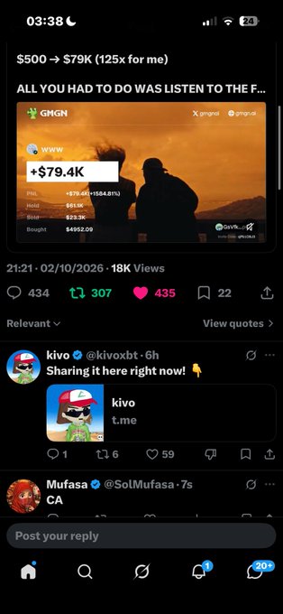 A Twitter/X post by GMGN showing a trading gain of $500 to $79K (125x), with replies below.