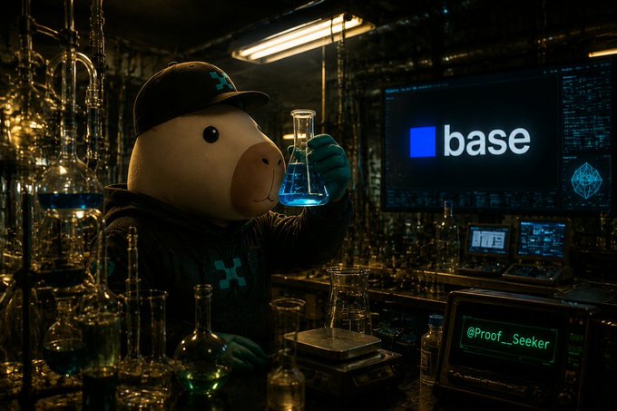 A character wearing a pug mascot mask and a black hoodie holding a flask of glowing blue liquid in a dark laboratory filled with glassware, with a screen displaying the 'base' logo and text '@Proof_Seeker' visible.