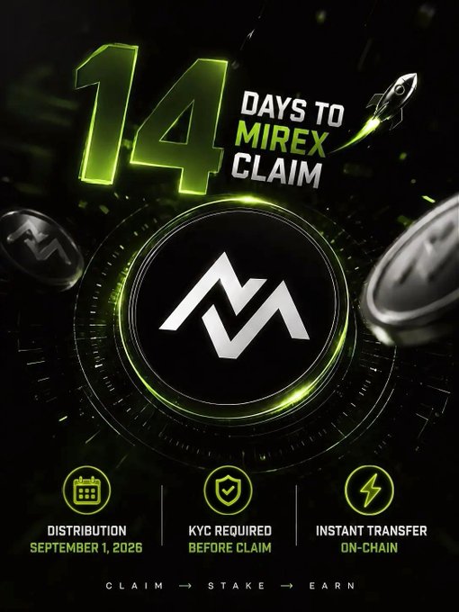 A sleek promotional countdown graphic displaying "14 DAYS TO MIREX CLAIM" in bold green text above the Mirex (MRX) logo, with key details noting distribution on September 1, 2026, KYC required before claim, and instant on-chain transfers, alongside the call-to-action "CLAIM → STAKE → EARN." The image visually reinforces the post's announcement of the upcoming MRX token generation event, highlighting the 14-day countdown to launch and the audit, liquidity, and market-making preparations underway.