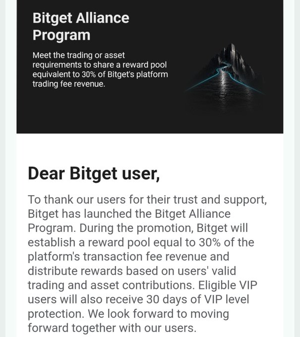 Bitget announces the "Bitget Alliance Program" offering users a reward pool equal to 30% of the platform's trading fee revenue, along with 30 days of VIP level protection for eligible users. The image showcases this promotional message as the exchange's response to the recent hack, aiming to restore user trust through revenue sharing.