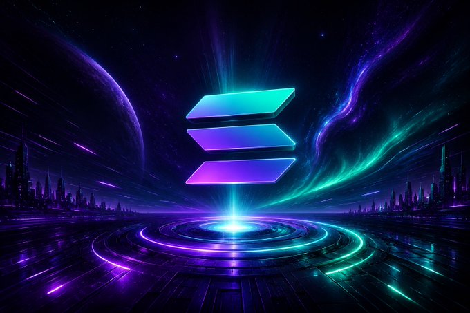 A glowing Solana logo hovers above a futuristic neon-lit platform, set against a vibrant cosmic backdrop with swirling auroras and distant futuristic skylines. The image visually embodies the post's message of Solana as a fast, scalable, permissionless blockchain driving the next wave of real-world on-chain adoption.