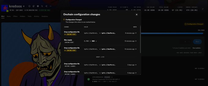 A screenshot of the Kredoos NFT marketplace interface showing an 'Onchain configuration changes' pop-up dialog with options for Drop configuration file, Max supply, and Drop type.