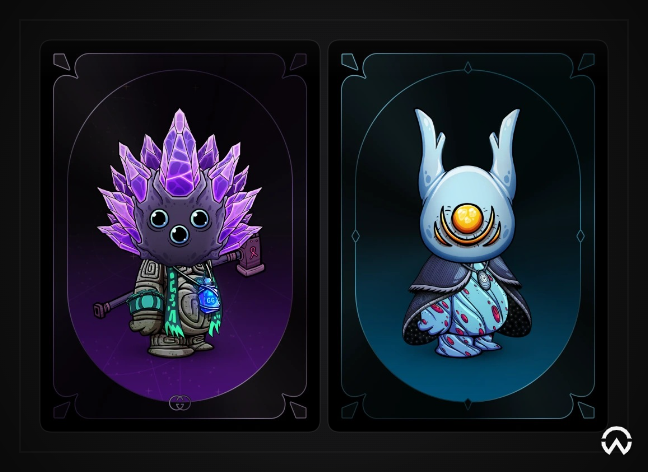 Two stylized monster figures in tarot-card-style frames: on the left, a dark creature with glowing purple crystal spikes, and on the right, a blue creature with a single yellow eye and rabbit-like ears.