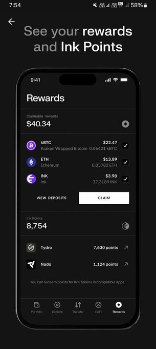 The image shows the Kraken Wallet Rewards page displaying claimable rewards of $40.34, including kBTC ($22.47), ETH ($13.89), and INK ($3.98), along with 8,754 Ink Points redeemable for INK tokens in compatible apps. The screenshot confirms the existence of an INK token reward, addressing relief expressed in the accompanying post.