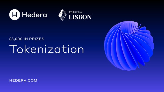A promotional banner for Hedera and ETHGlobal Lisbon announces $3,000 in prizes for a "Tokenization" category, featuring a blue 3D spiral graphic.