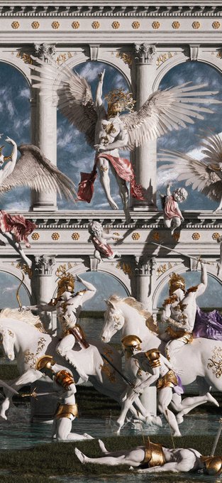 An elaborate digital artwork portrays a classical scene with winged figures, armored warriors on horseback, and statues set against an architectural backdrop.
