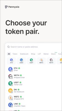Pennysia app screenshot with the prompt 'Choose your token pair.' showing a search bar and a list of tokens including BTC, ETH, WETH, USDT, DAI, WBTC, and LINK.