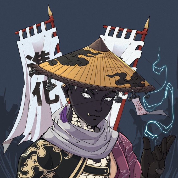 An anime-style character with dark skin, white eyes, and a straw hat, wearing traditional Asian-inspired clothing with bandages, holding blue lightning energy.