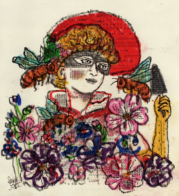 A mixed-media artistic illustration of a woman with a red hat surrounded by colorful flowers, bees, and butterflies, featuring text and patterns woven into the design.