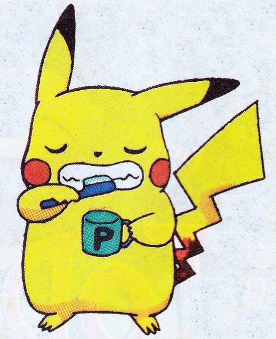 A cartoon Pikachu brushing its teeth with a blue toothbrush while holding a teal mug with a 'P' on it, displaying a strained grimace with closed eyes.