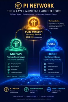 The image illustrates Pi Network's 3-layer monetary architecture featuring Pure Mined Pi (Reserve, $314,159 monetization potential), MicroPi (Transactional Layer for everyday circulation), and OUSD (External Settlement Layer), aligning with the post's description of how each token preserves, moves, and connects value across one unified economy.