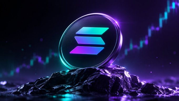 A glowing Solana cryptocurrency logo rests on rocky terrain with a candlestick chart rising in the purple-hued background.