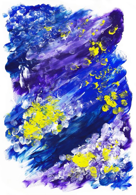 An abstract painting with thick brushstrokes in shades of blue, purple, and yellow.