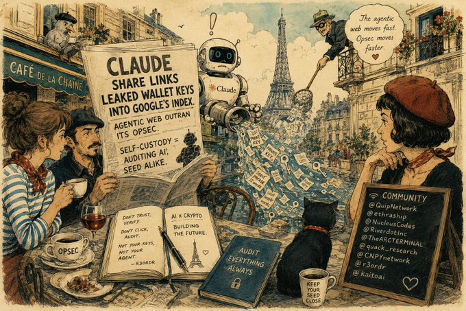 A whimsical Parisian café scene depicts a "Café de la Chaine" where patrons read a newspaper headlined "CLAUDE SHARE LINKS LEAKED WALLET KEYS INTO GOOGLE'S INDEX," while a robot labeled "Claude" sprays links across the Eiffel Tower, a black cat watches, and chalkboards display warnings like "AUDIT EVERYTHING, ALWAYS," "DON'T TRUST, VERIFY. DON'T CLICK, AUDIT," and "KEEP YOUR SEED CLOSE" alongside a community list featuring @QuipNetwork, @EthraShip, @NucleusCodes, @RiverdotInc, @TheARCTERMINAL, @quack_research, @CNPYNetwork, and @R3ORDR—illustrating the post's warning about agentic AI outpacing operational security in crypto.