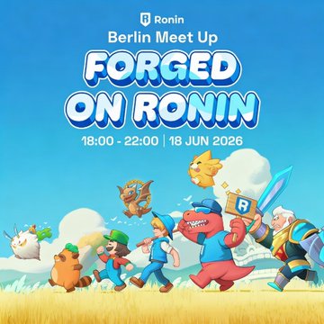 The image features a poster for a meetup event called "Forged On Ronin" scheduled for June 18th, 2018 at 2:00 PM. The poster includes a cartoon illustration of various characters from the video game "Forged on Ronin". The main focus is on a group of people walking together in front of a castle and a dragon. There are also some smaller images of other characters present in the scene.