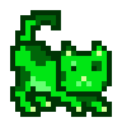 A pixel art illustration of a green creature resembling a monkey or dragon with a curled tail, rendered in various shades of green with a black outline.